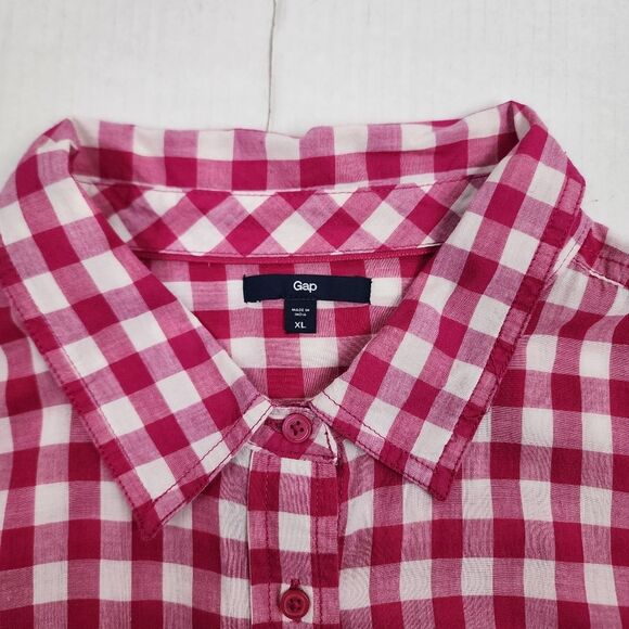 Gap Gingham Button-Up Shirt Cotton Hot Pink and White Checkered Top Blouse XL - Picture 4 of 12
